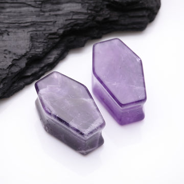 Detail View 1 of A Pair of Amethyst Stone Casket Coffin Double Flared Plug
